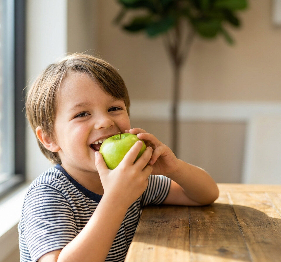 Child biting into a green apple, illustrating food consistency and its role in craniofacial development