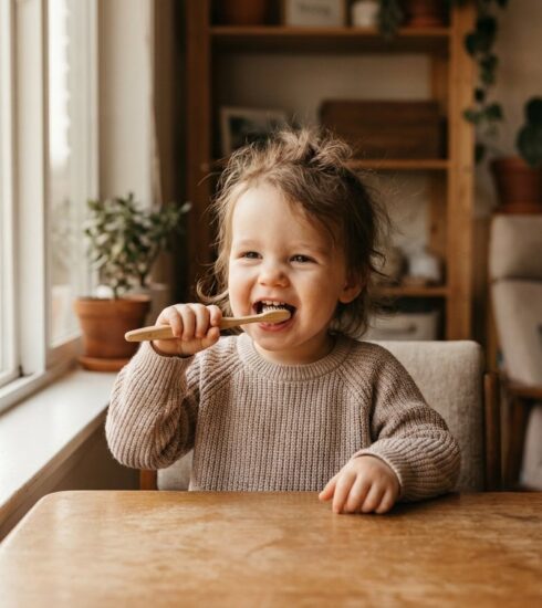 Toddler smiling while holding a toothbrush at a wooden table, illustrating early oral health habits during the first 1,000 days