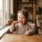 Toddler smiling while holding a toothbrush at a wooden table, illustrating early oral health habits during the first 1,000 days