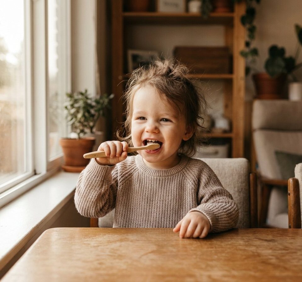 Toddler smiling while holding a toothbrush at a wooden table, illustrating early oral health habits during the first 1,000 days